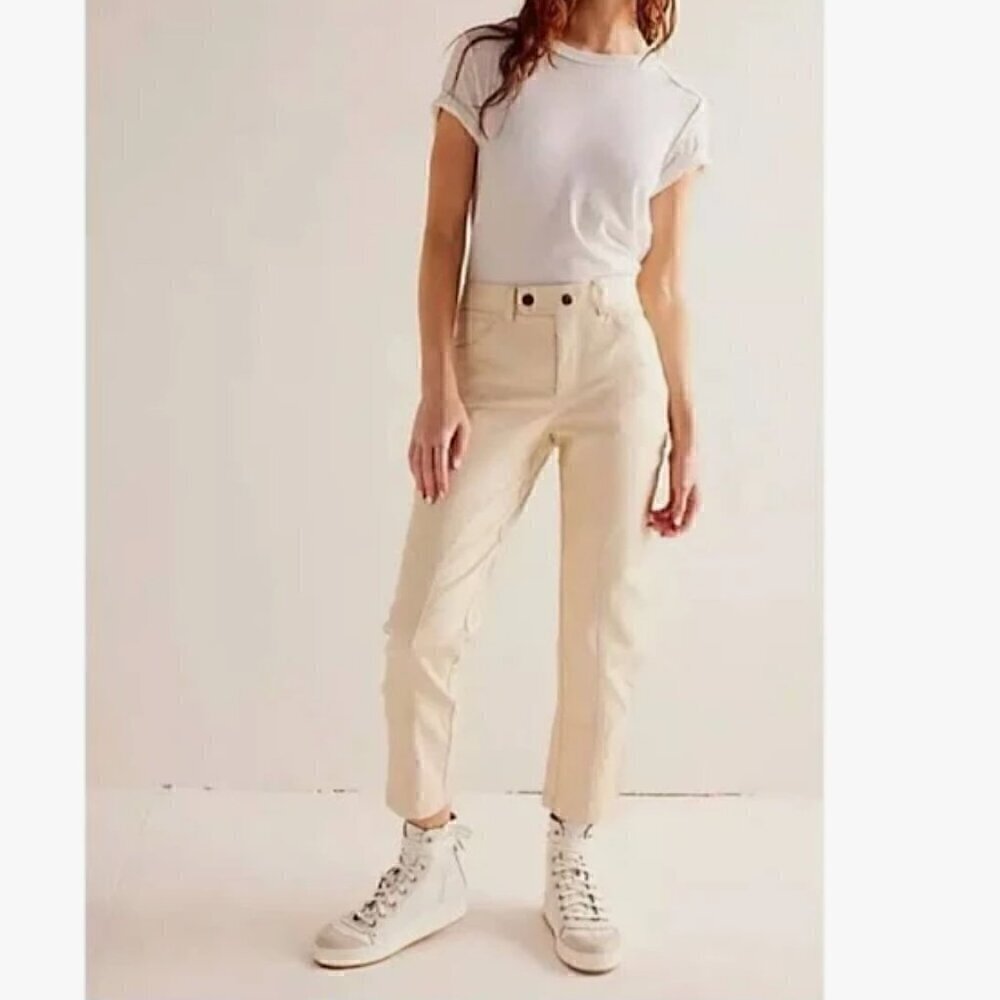 NWOT Free People Rebel Vegan Leather Pants in Sugar Cookie Cream